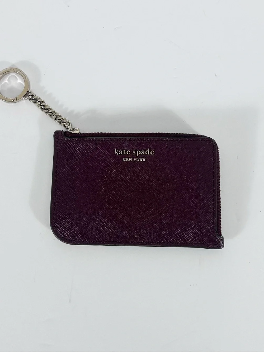 Kate Spade New York Burgundy Card Holder Wallet L- Zip Coin Purse Keychain